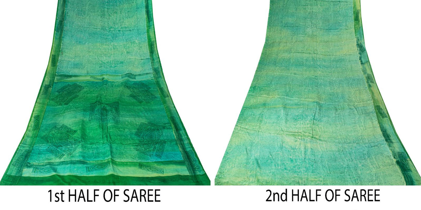 Sanskriti Vintage Saree Green 100%Pure Crepe Hand Block Printed Sari 6+Yd Fabric