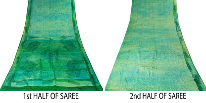 Sanskriti Vintage Saree Green 100%Pure Crepe Hand Block Printed Sari 6+Yd Fabric