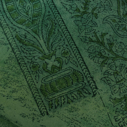 Sanskriti Vintage Saree Green 100%Pure Crepe Hand Block Printed Sari 6+Yd Fabric