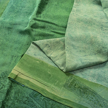 Sanskriti Vintage Saree Green 100%Pure Crepe Hand Block Printed Sari 6+Yd Fabric
