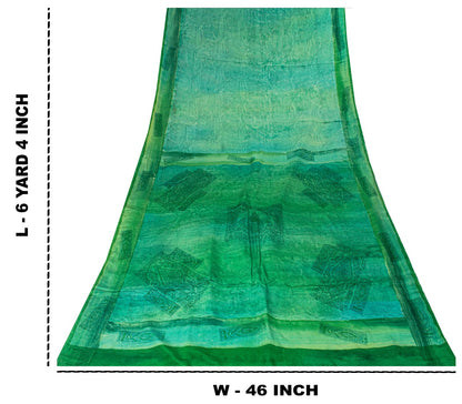 Sanskriti Vintage Saree Green 100%Pure Crepe Hand Block Printed Sari 6+Yd Fabric