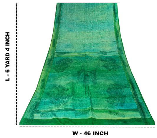 Sanskriti Vintage Saree Green 100%Pure Crepe Hand Block Printed Sari 6+Yd Fabric