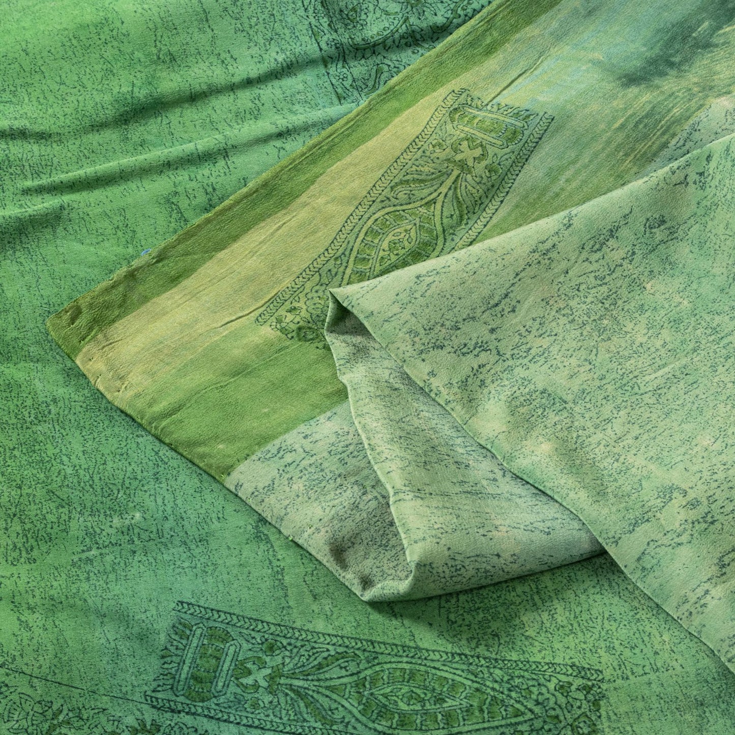 Sanskriti Vintage Saree Green 100%Pure Crepe Hand Block Printed Sari 6+Yd Fabric