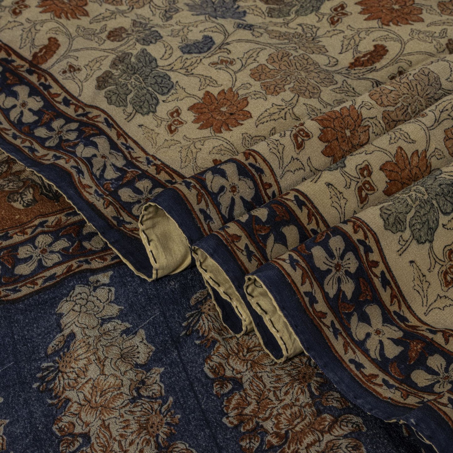 Sanskriti Vintage Saree Gray Pure Crepe Kalamkari Block Print Sari 5.5+Yd Fabric