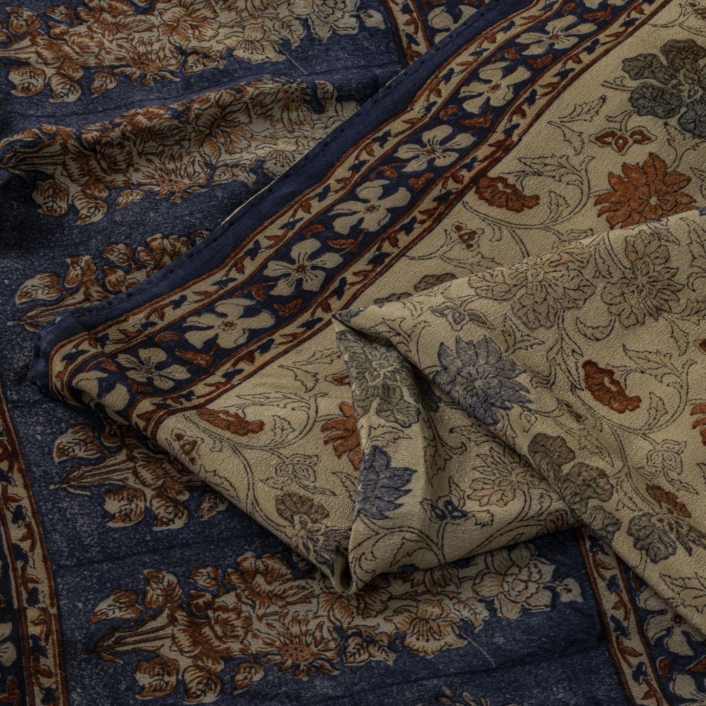Sanskriti Vintage Saree Gray Pure Crepe Kalamkari Block Print Sari 5.5+Yd Fabric