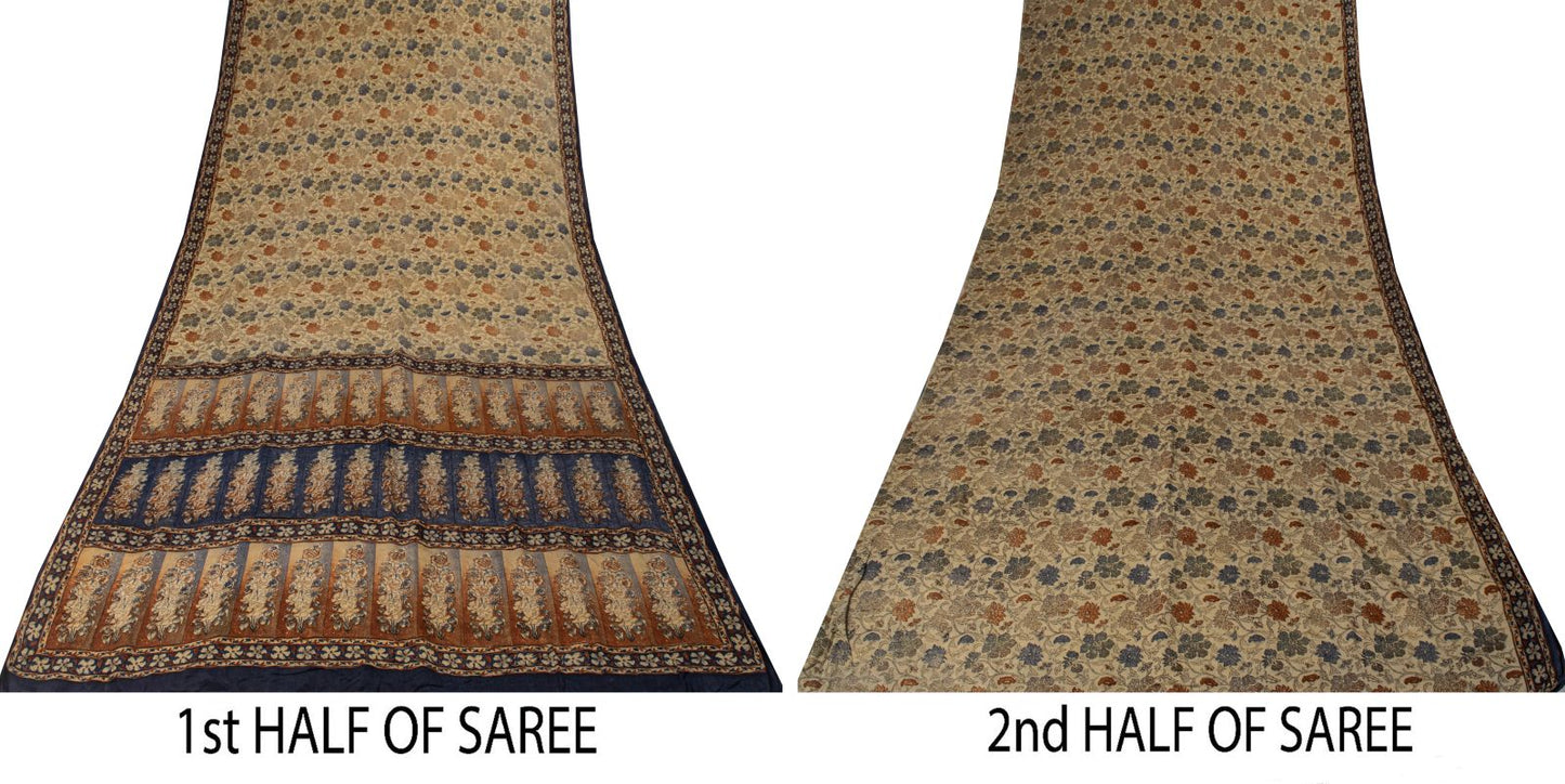 Sanskriti Vintage Saree Gray Pure Crepe Kalamkari Block Print Sari 5.5+Yd Fabric