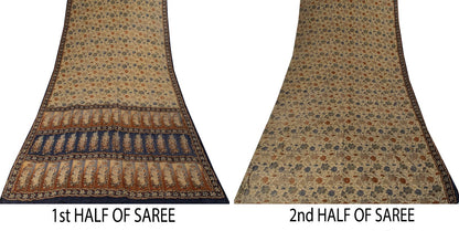 Sanskriti Vintage Saree Gray Pure Crepe Kalamkari Block Print Sari 5.5+Yd Fabric