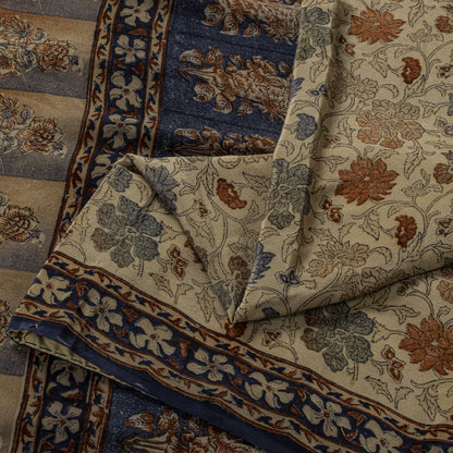 Sanskriti Vintage Saree Gray Pure Crepe Kalamkari Block Print Sari 5.5+Yd Fabric