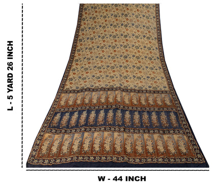 Sanskriti Vintage Saree Gray Pure Crepe Kalamkari Block Print Sari 5.5+Yd Fabric