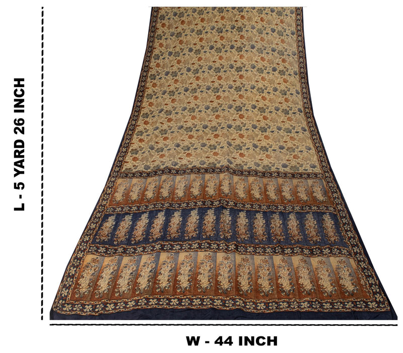 Sanskriti Vintage Saree Gray Pure Crepe Kalamkari Block Print Sari 5.5+Yd Fabric