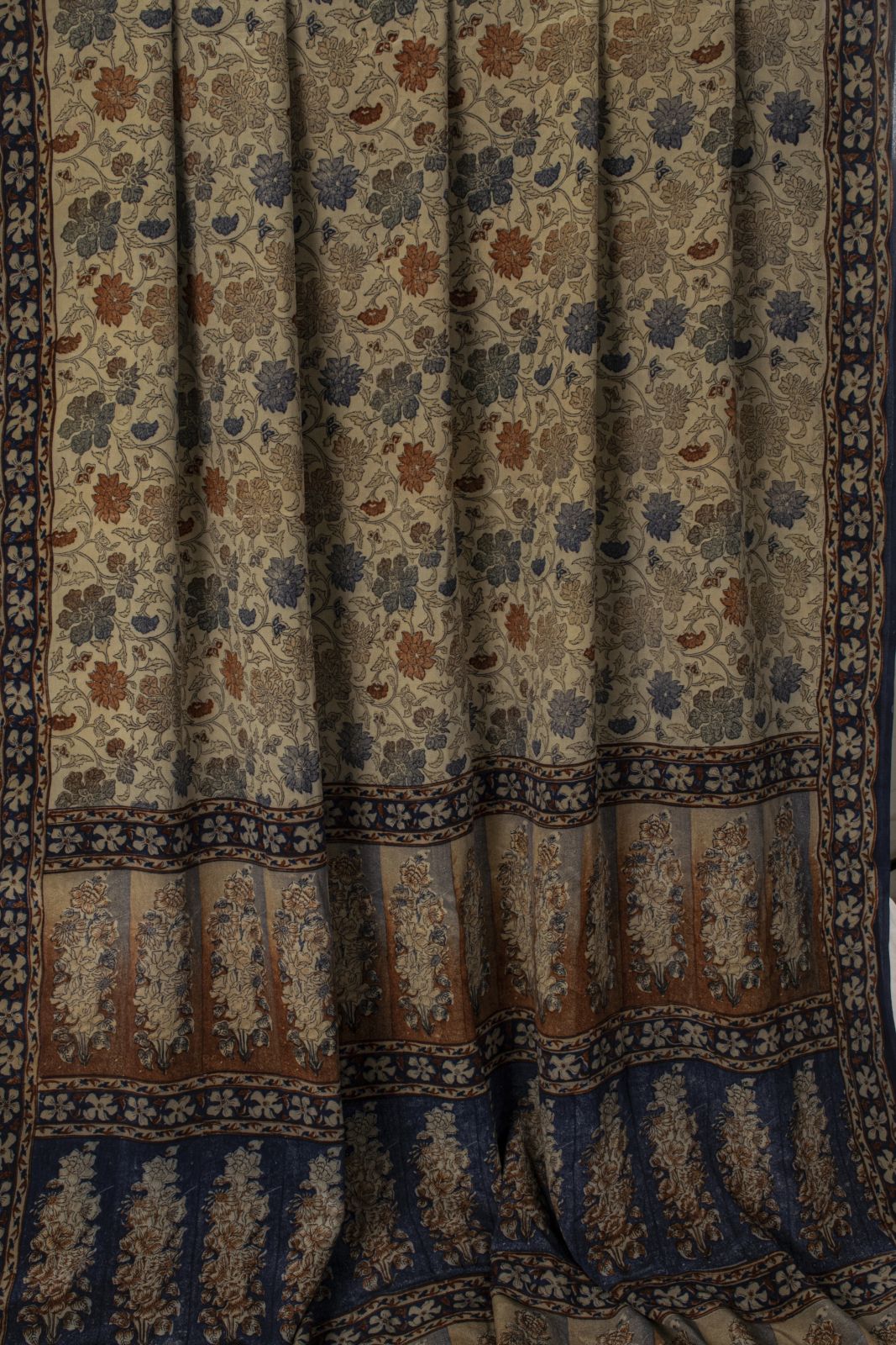 Sanskriti Vintage Saree Gray Pure Crepe Kalamkari Block Print Sari 5.5+Yd Fabric