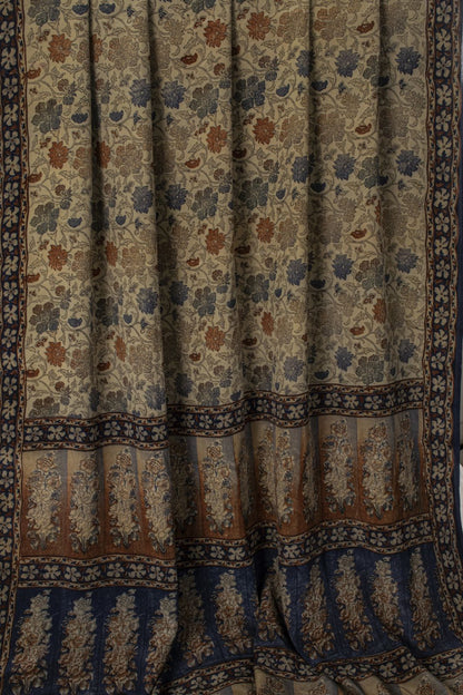 Sanskriti Vintage Saree Gray Pure Crepe Kalamkari Block Print Sari 5.5+Yd Fabric