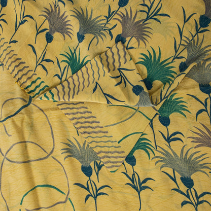 Sanskriti Vintage Saree Yellow Pure Crepe Floral Print Sari 5.5+Yd Craft Fabric