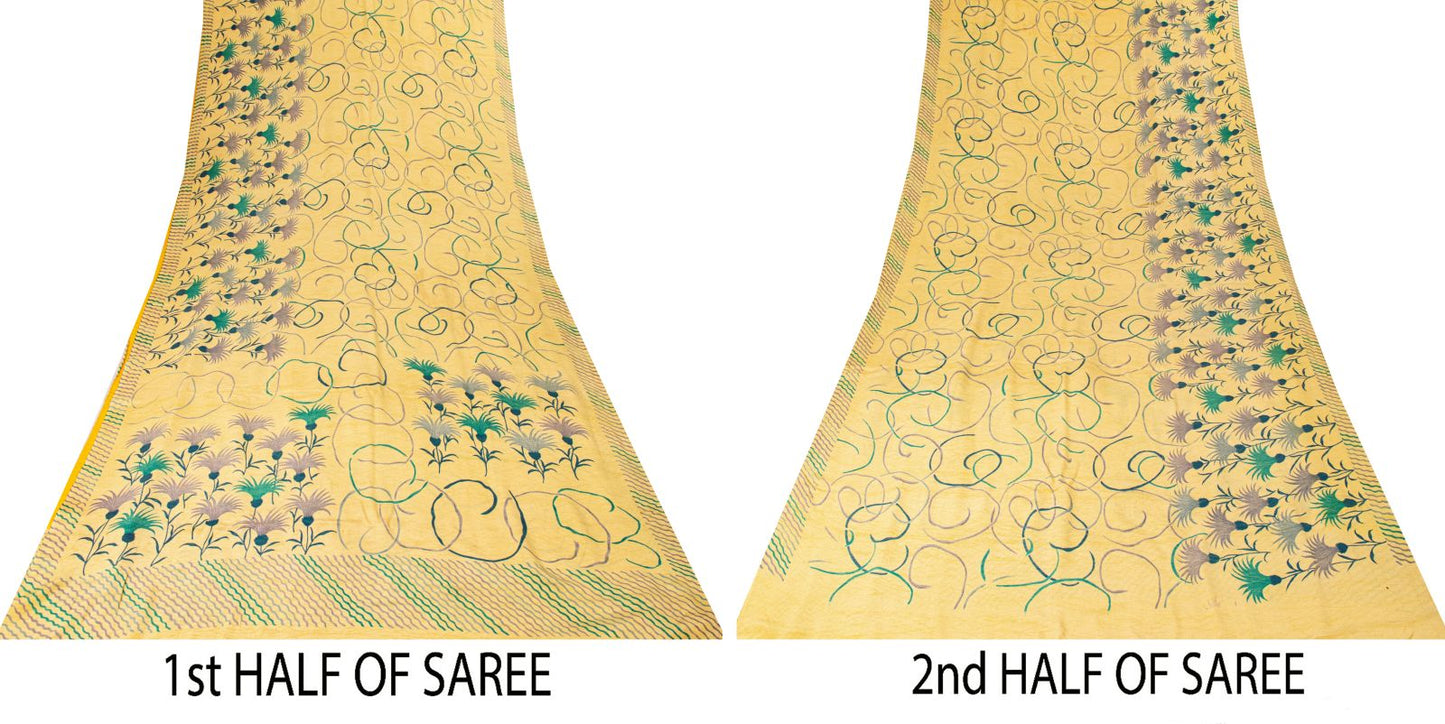 Sanskriti Vintage Saree Yellow Pure Crepe Floral Print Sari 5.5+Yd Craft Fabric