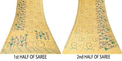 Sanskriti Vintage Saree Yellow Pure Crepe Floral Print Sari 5.5+Yd Craft Fabric