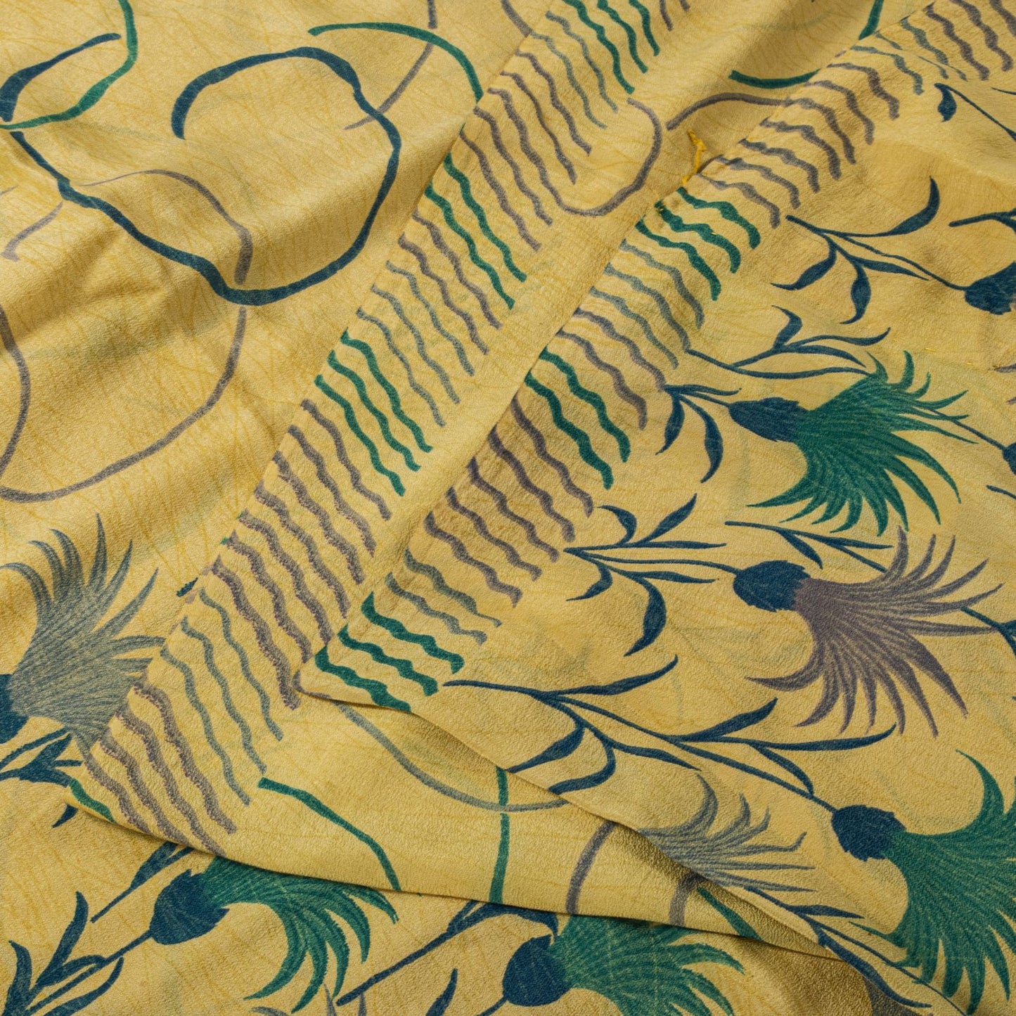 Sanskriti Vintage Saree Yellow Pure Crepe Floral Print Sari 5.5+Yd Craft Fabric