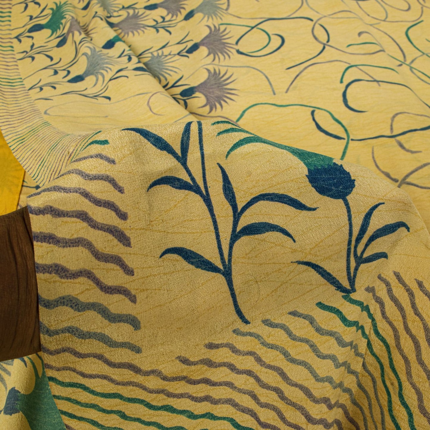 Sanskriti Vintage Saree Yellow Pure Crepe Floral Print Sari 5.5+Yd Craft Fabric