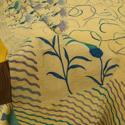 Sanskriti Vintage Saree Yellow Pure Crepe Floral Print Sari 5.5+Yd Craft Fabric