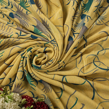 Sanskriti Vintage Saree Yellow Pure Crepe Floral Print Sari 5.5+Yd Craft Fabric