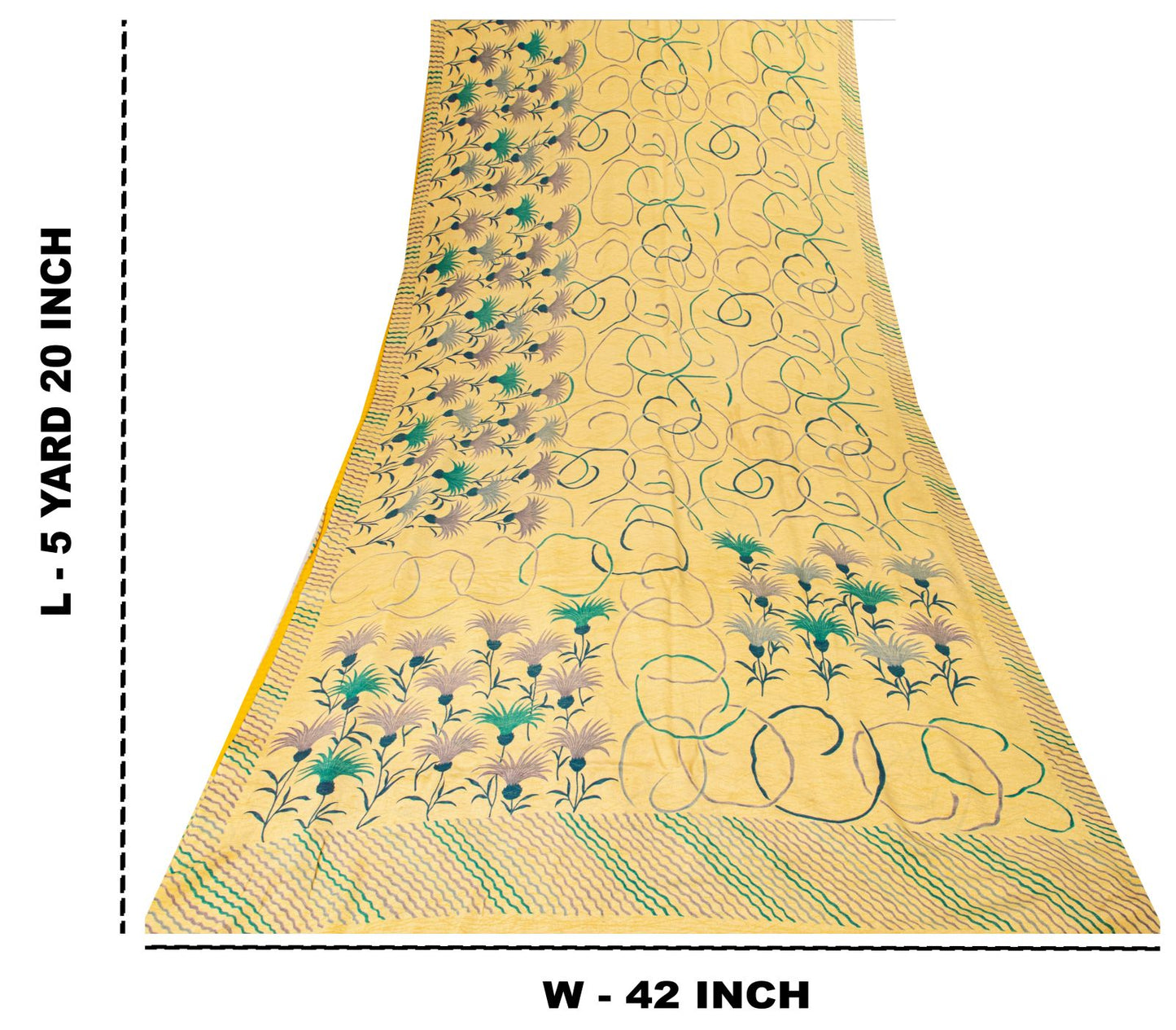 Sanskriti Vintage Saree Yellow Pure Crepe Floral Print Sari 5.5+Yd Craft Fabric