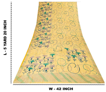 Sanskriti Vintage Saree Yellow Pure Crepe Floral Print Sari 5.5+Yd Craft Fabric