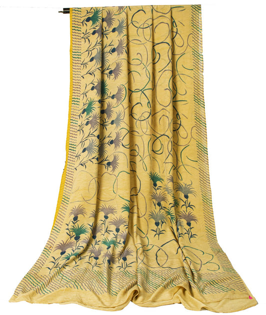 Sanskriti Vintage Saree Yellow Pure Crepe Floral Print Sari 5.5+Yd Craft Fabric