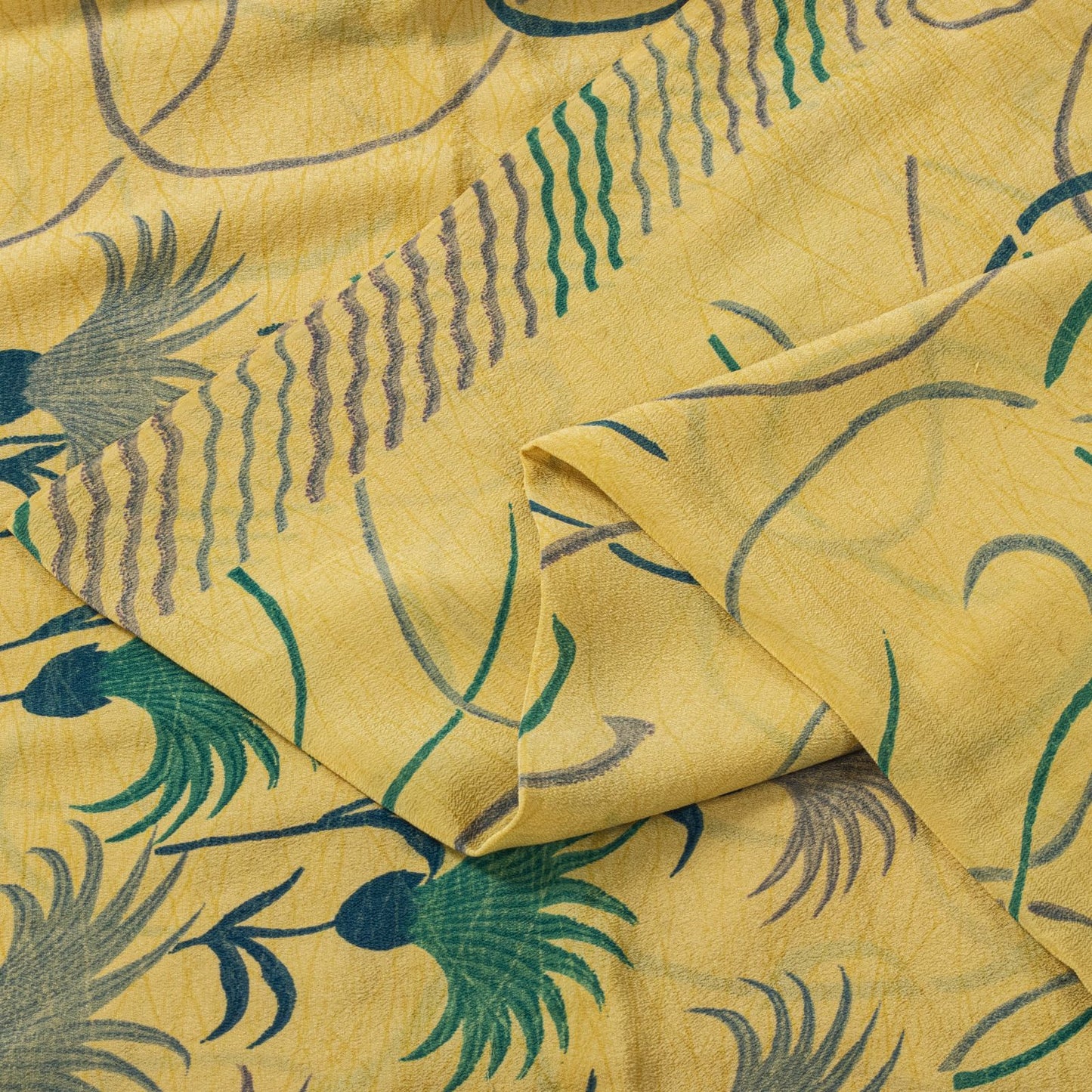 Sanskriti Vintage Saree Yellow Pure Crepe Floral Print Sari 5.5+Yd Craft Fabric