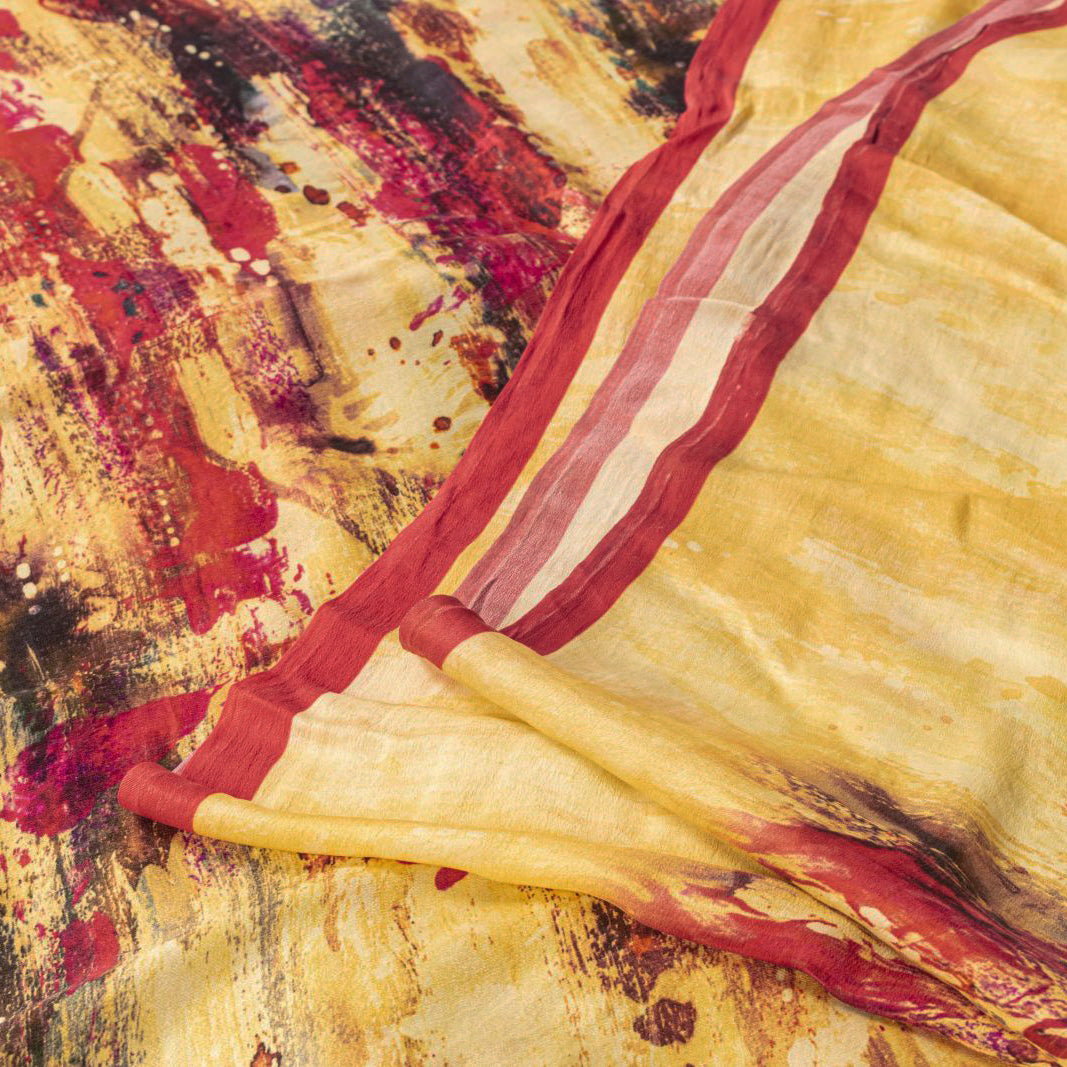 Sanskriti Vintage Saree Yellow-Red 100%Pure Crepe Abstract Print Sari +Yd Fabric