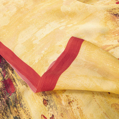 Sanskriti Vintage Saree Yellow-Red 100%Pure Crepe Abstract Print Sari +Yd Fabric