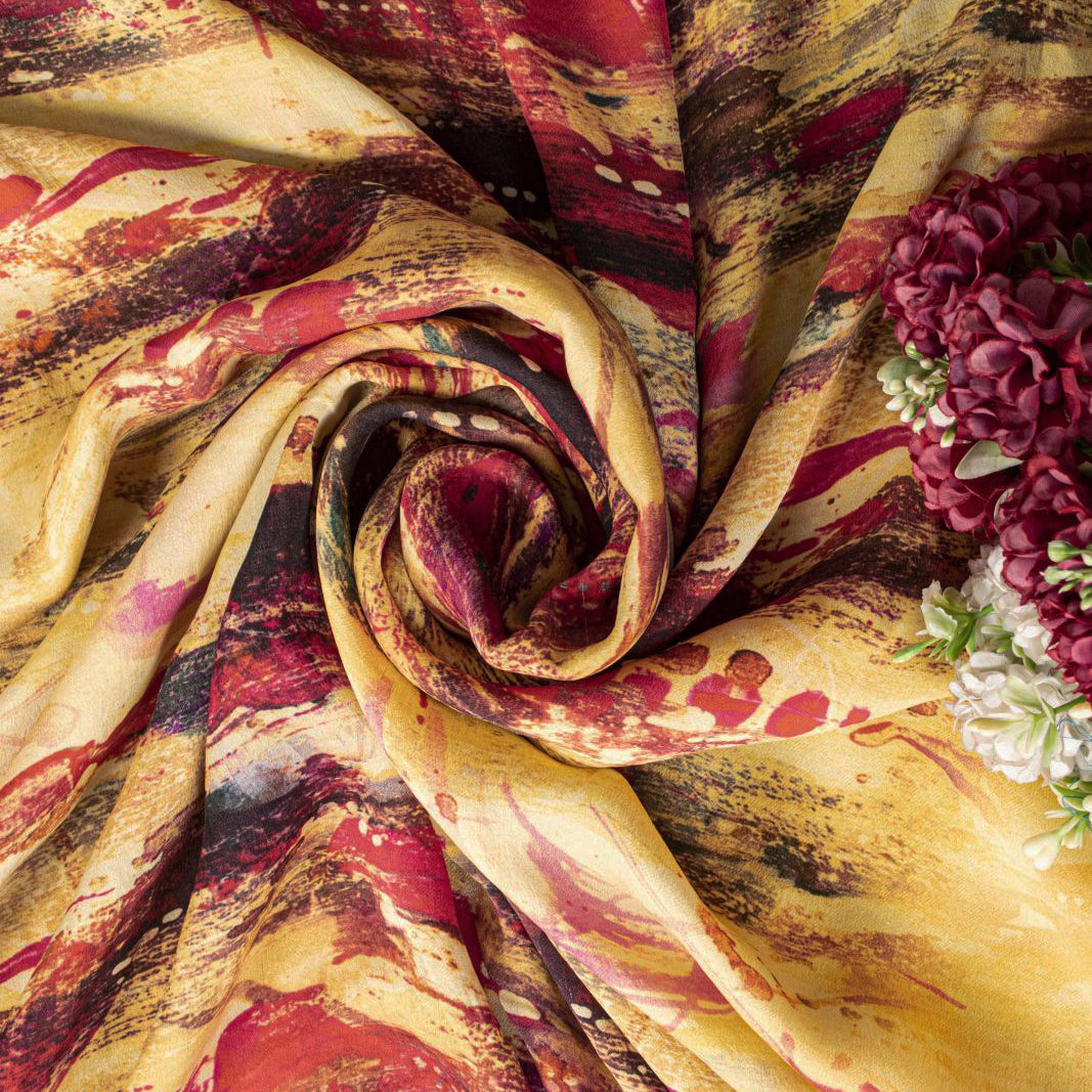 Sanskriti Vintage Saree Yellow-Red 100%Pure Crepe Abstract Print Sari +Yd Fabric