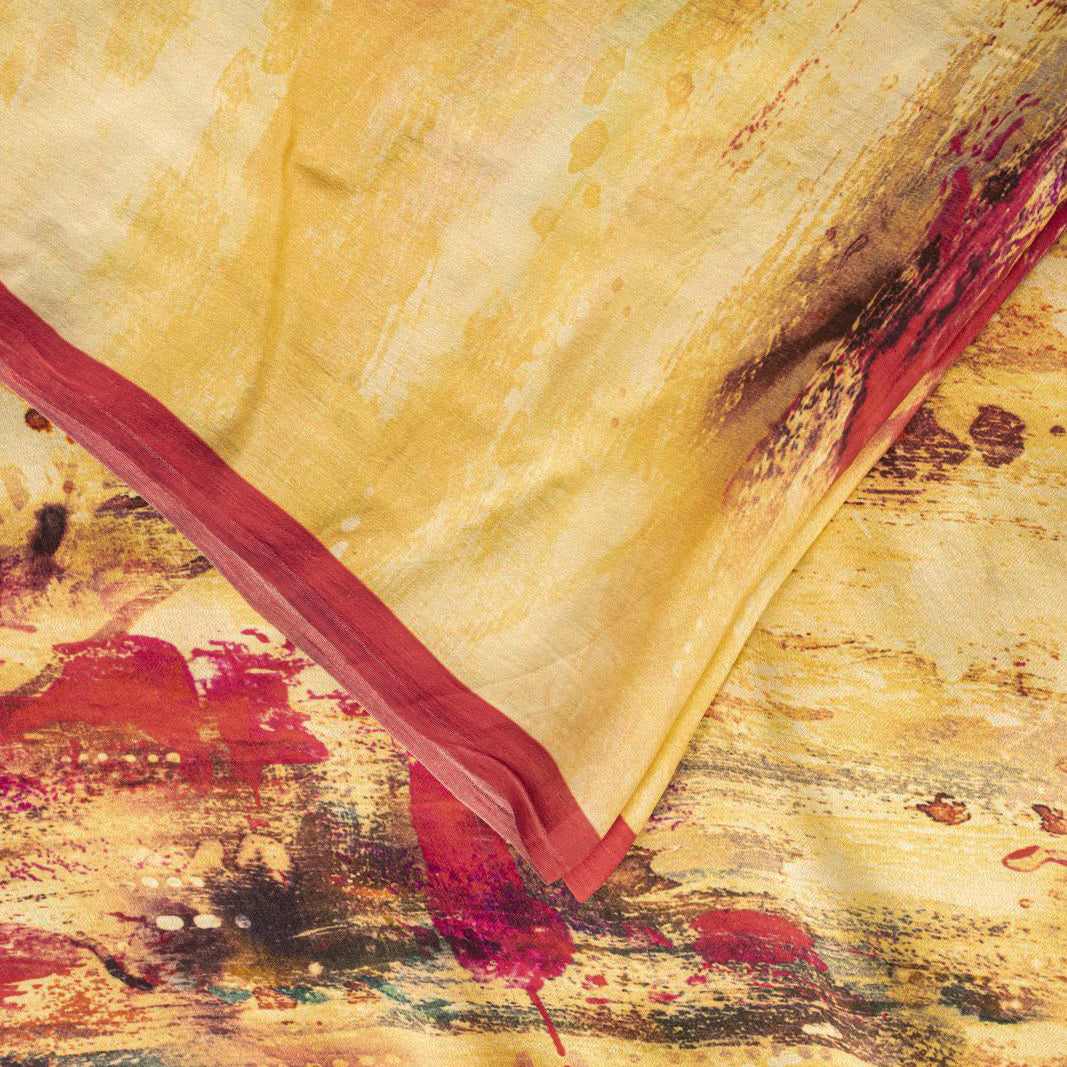 Sanskriti Vintage Saree Yellow-Red 100%Pure Crepe Abstract Print Sari +Yd Fabric