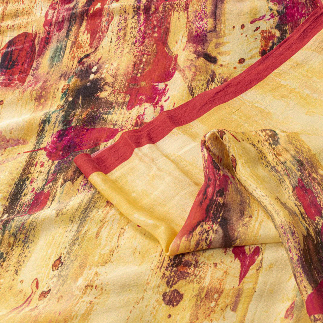Sanskriti Vintage Saree Yellow-Red 100%Pure Crepe Abstract Print Sari +Yd Fabric