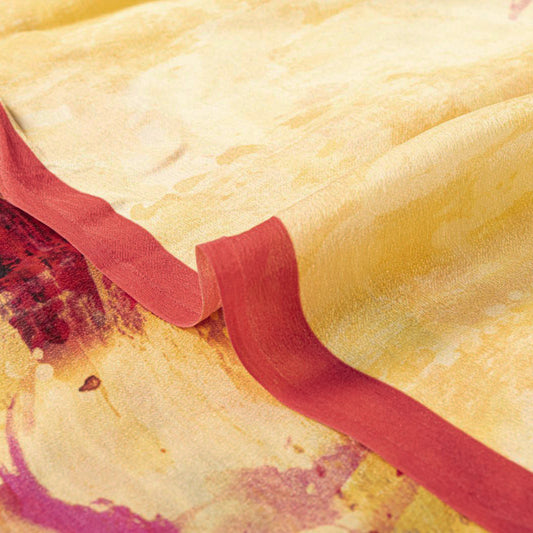 Sanskriti Vintage Saree Yellow-Red 100%Pure Crepe Abstract Print Sari +Yd Fabric