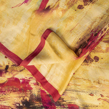 Sanskriti Vintage Saree Yellow-Red 100%Pure Crepe Abstract Print Sari +Yd Fabric