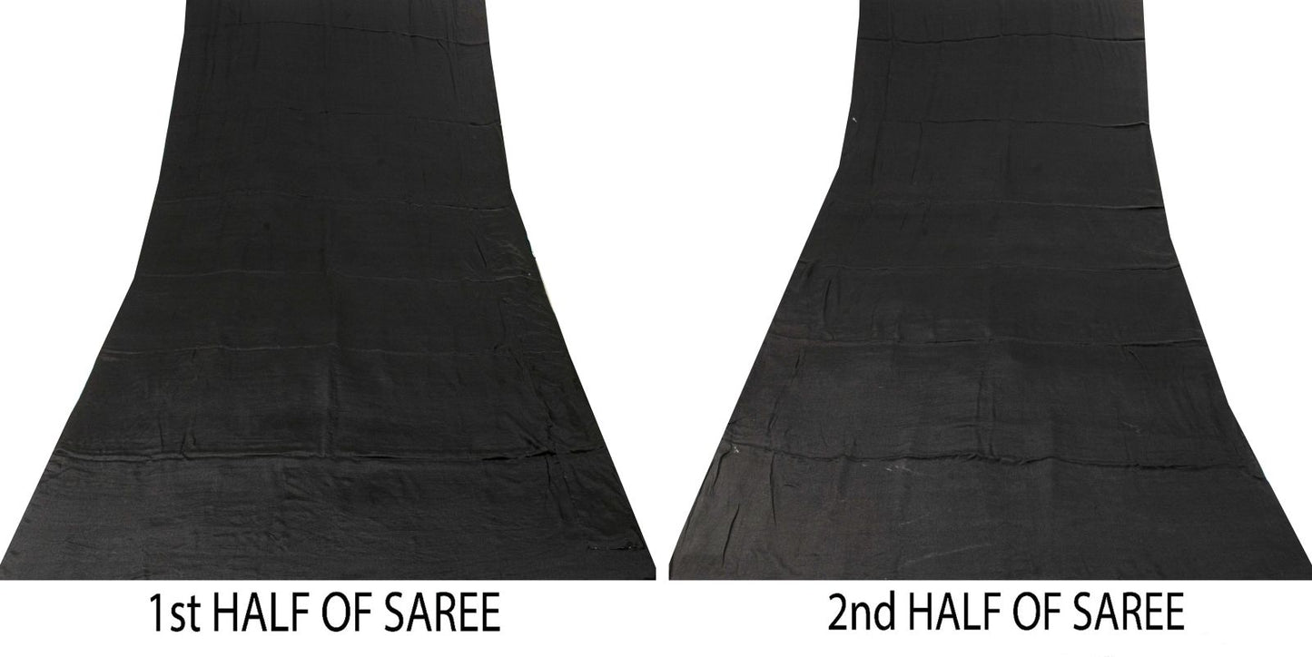 Sanskriti Vintage Saree Black Pure Crepe Solid/Plain Sari 5.5+Yd Craft Fabric