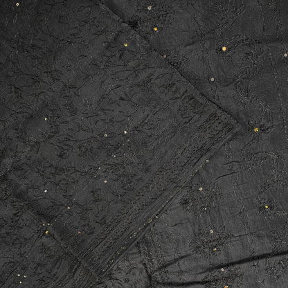 Sanskriti Vintage Saree Black Pure Crepe KashmirAari Embroidery Sari 5+Yd Fabric