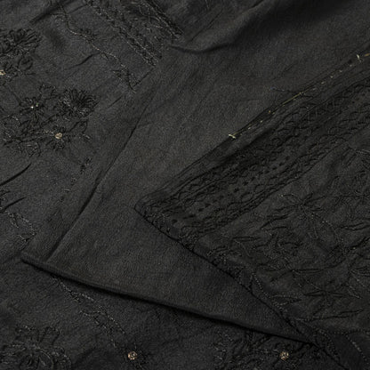 Sanskriti Vintage Saree Black Pure Crepe KashmirAari Embroidery Sari 5+Yd Fabric