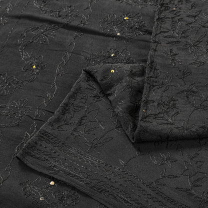 Sanskriti Vintage Saree Black Pure Crepe KashmirAari Embroidery Sari 5+Yd Fabric