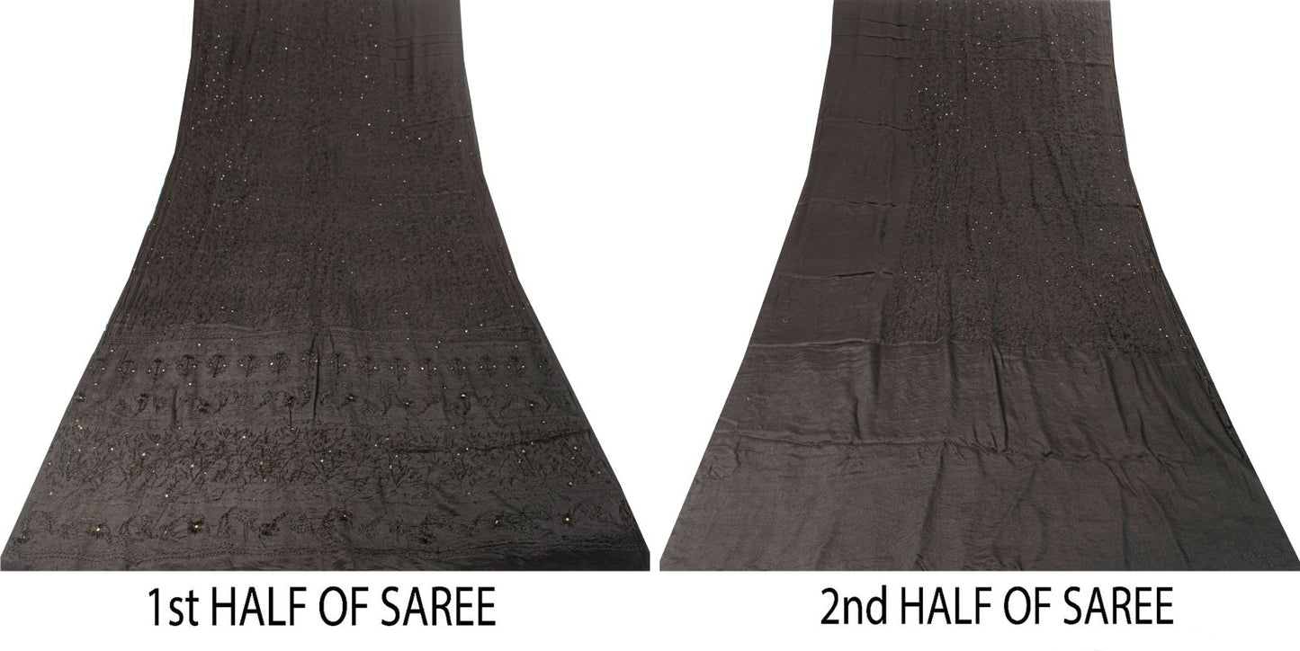 Sanskriti Vintage Saree Black Pure Crepe KashmirAari Embroidery Sari 5+Yd Fabric
