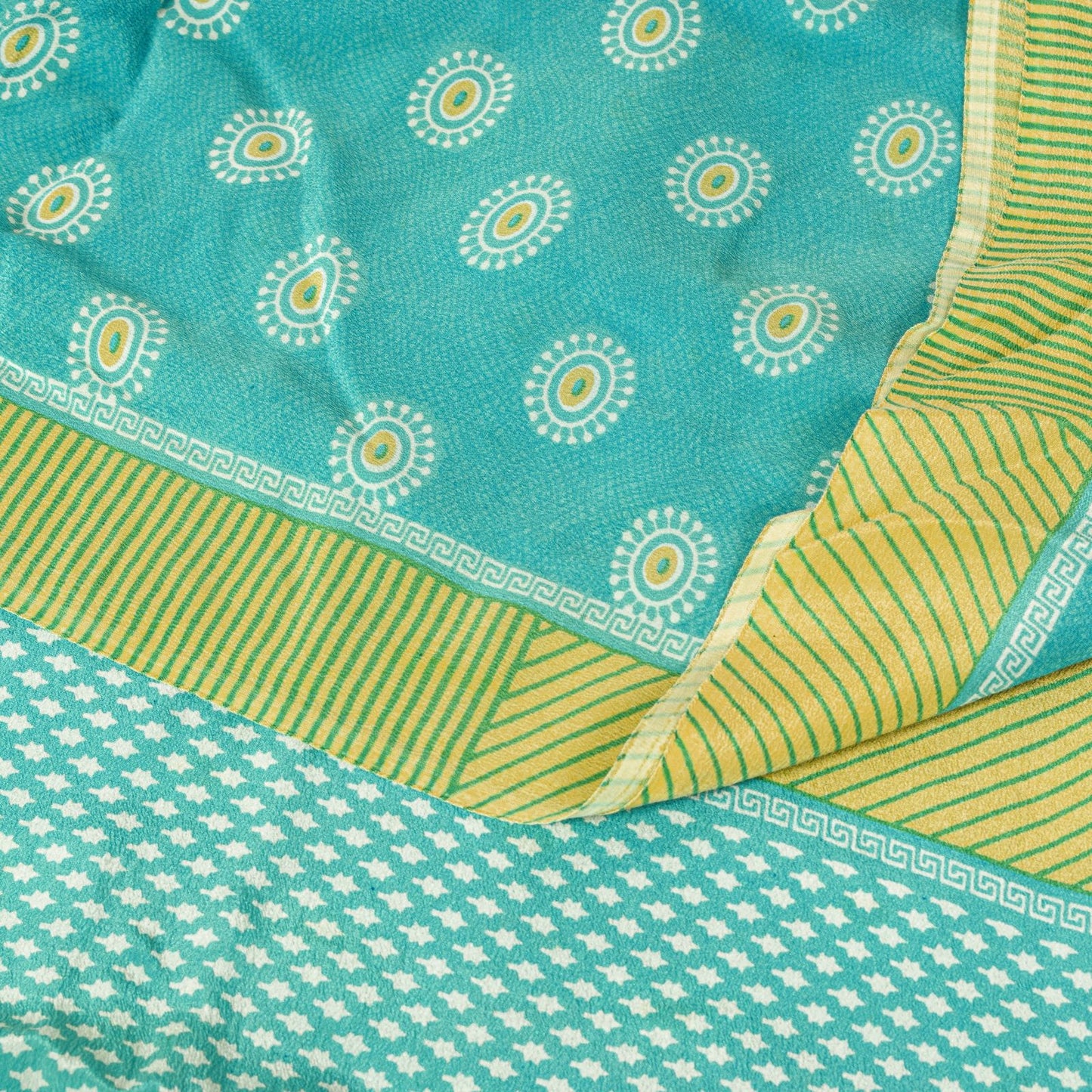 Sanskriti Vintage Saree Blue Pure Crepe Geometric Print Sari 5.5+Yd Craft Fabric