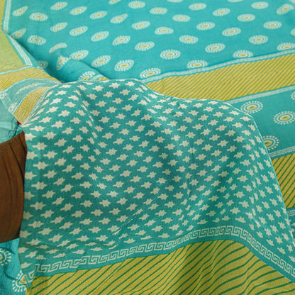 Sanskriti Vintage Saree Blue Pure Crepe Geometric Print Sari 5.5+Yd Craft Fabric