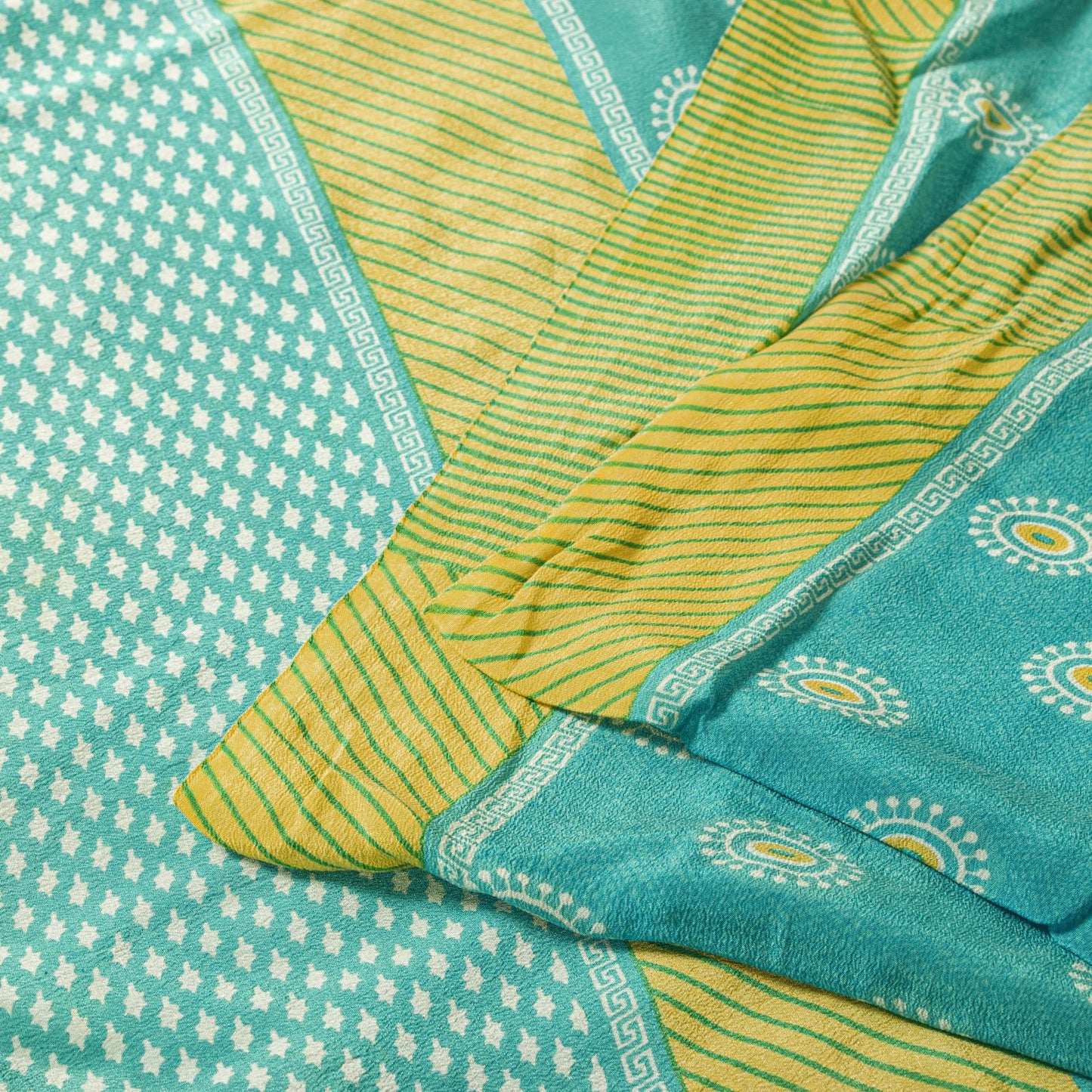 Sanskriti Vintage Saree Blue Pure Crepe Geometric Print Sari 5.5+Yd Craft Fabric