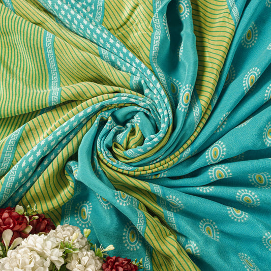 Sanskriti Vintage Saree Blue Pure Crepe Geometric Print Sari 5.5+Yd Craft Fabric