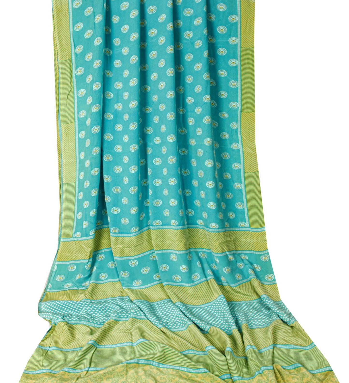 Sanskriti Vintage Saree Blue Pure Crepe Geometric Print Sari 5.5+Yd Craft Fabric