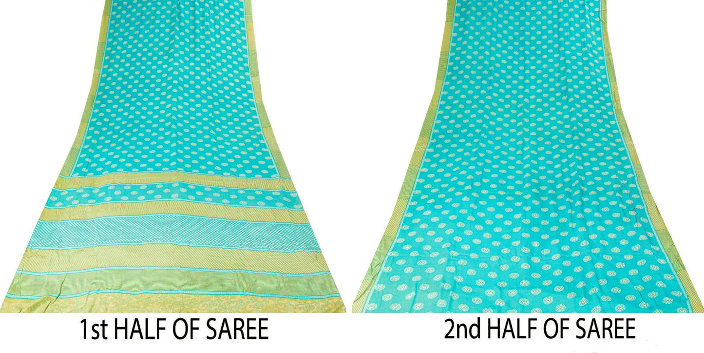 Sanskriti Vintage Saree Blue Pure Crepe Geometric Print Sari 5.5+Yd Craft Fabric