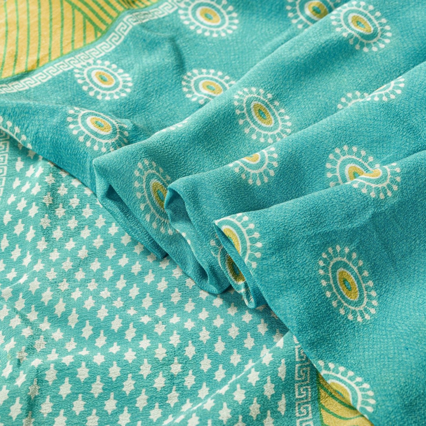 Sanskriti Vintage Saree Blue Pure Crepe Geometric Print Sari 5.5+Yd Craft Fabric