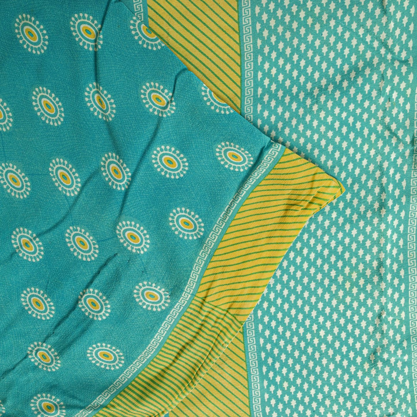 Sanskriti Vintage Saree Blue Pure Crepe Geometric Print Sari 5.5+Yd Craft Fabric