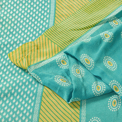 Sanskriti Vintage Saree Blue Pure Crepe Geometric Print Sari 5.5+Yd Craft Fabric