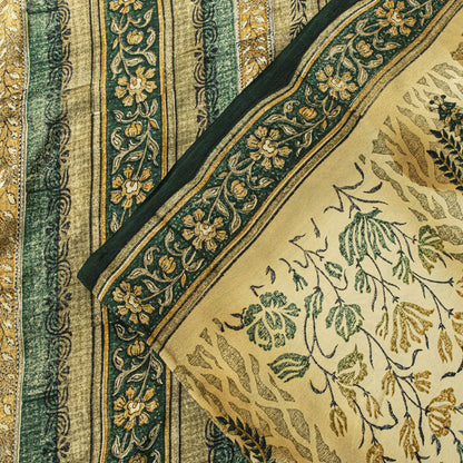 Sanskriti Vintage Saree Beige Pure Crepe Sanganeri Block Print Sari 5.5Yd Fabric