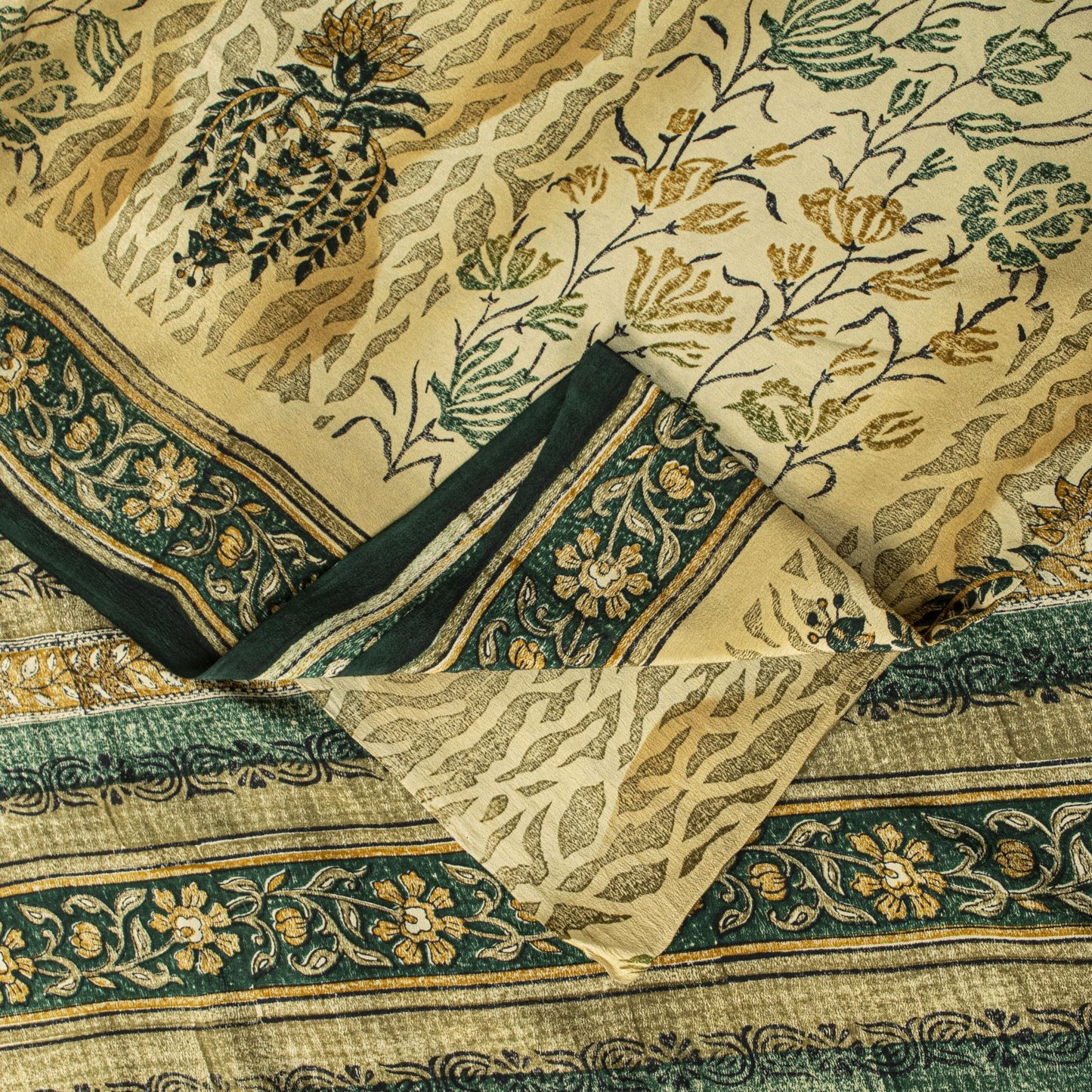 Sanskriti Vintage Saree Beige Pure Crepe Sanganeri Block Print Sari 5.5Yd Fabric
